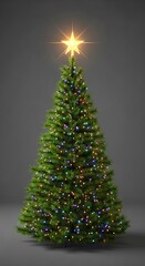 Obraz premium Christmas Tree with Star Topper and Lights on Gray Background.