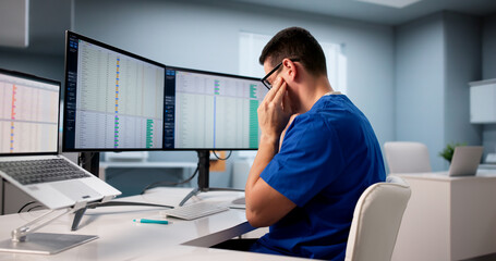 Overworked Clinician Analyzing Patient Records