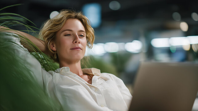 An individual relaxing in a modern workspace, fully absorbed in screen time on a laptop, surrounded by plants and motivational quotes, representing productivity and focus in a stylish office. - Powered by Adobe