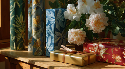 Decorative Christmas wrapping paper designs adapted into textile prints, greeting cards and digital wallpapers, ideal for creating a unified festive experience. cinematic color correction, natural