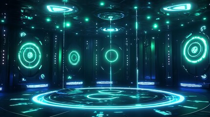 Futuristic neon glowing control room interior design features a circular holographic platform with intricate digital displays and dark metallic walls creating an immersive sci fi atmosphere