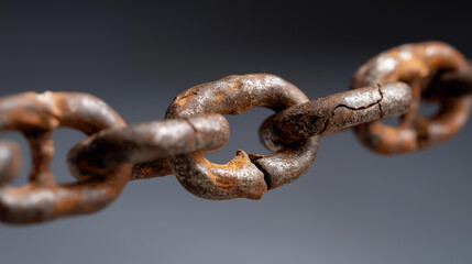 Obraz premium Close-up of a broken metal chain link with visible cracks and deformation, highlighting wear, tension overload, durability limits, and industrial breakdown. cinematic color correction, natural