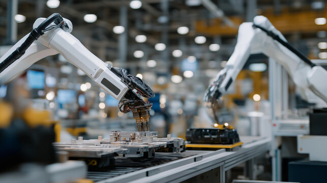 Detailed shot of a modern assembly line with robotic arms expertly maneuvering components, showcasing the integration of technology and automation within contemporary manufacturing environments.