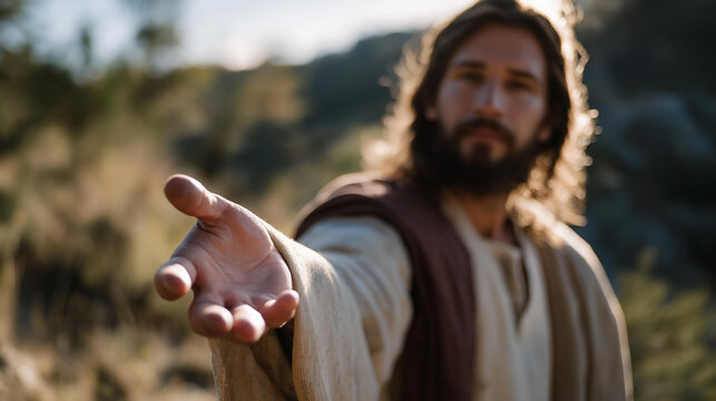 Iconic religious image of Jesus Christ reaching out toward humanity, open hand symbolizing salvation, compassion, divine grace, and enduring spiritual hope. cinematic color correction, natural
