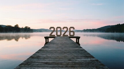 Fototapeta premium Wooden year 2026 numbers on a pier at sunrise over a calm misty lake