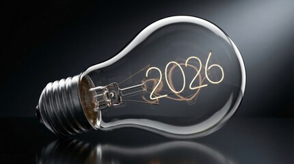 Light bulb with glowing filament shaped like the year 2026, representing future ideas, innovation, and vision for the new year