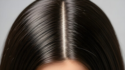 Close-up of a healthy, dark brown hair parting showing scalp and strands with a clean center line
