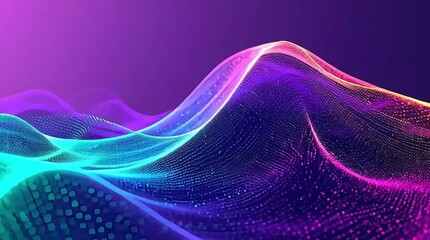 Vibrant, undulating digital wave particles in shades of pink, purple, and blue create a dynamic abstract backdrop on a dark background. - Powered by Adobe
