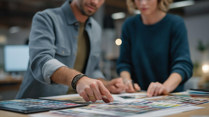 Fototapeta premium Creative team spreads swatches and palettes across a table, hands pointing and notes being made while feedback and priorities are set in a home office meeting focused on product development.
