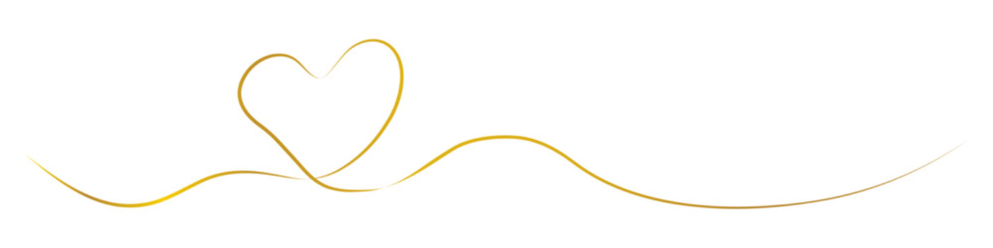 Golden continuous heart pattern in one line, heart shape in the form of a continuous golden line on a transparent background. Romantic design. Vector illustration
