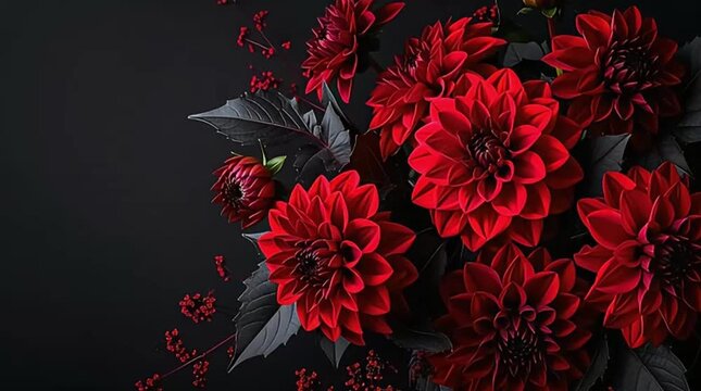 A striking bouquet of vibrant deep red dahlia flowers, complemented by dark leaves and small berries, presented elegantly against a dramatic black background, showcasing beauty and contrast.