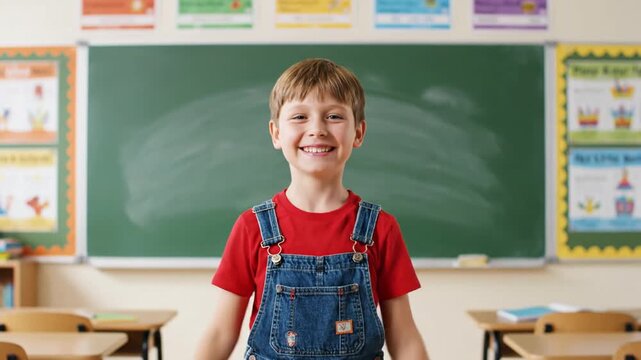 Young student waves enthusiastically in a classroom setting