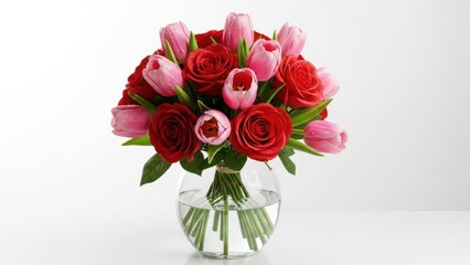 Fototapeta premium Vibrant bouquet of fresh red roses and pink tulips arranged in a clear glass fishbowl vase, perfect for romantic celebrations and special occasions. isolated PNG with Transparent Background