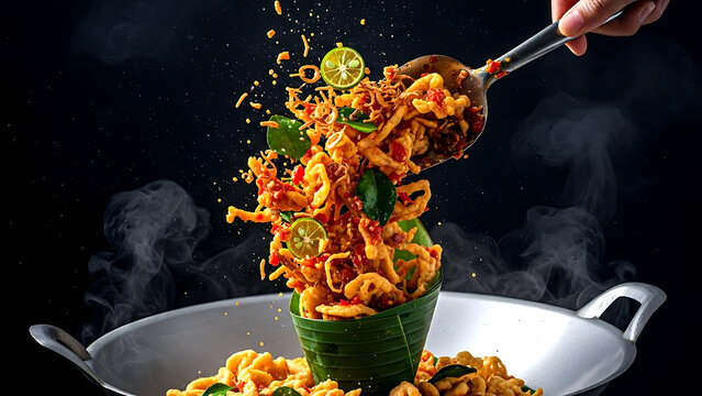 vibrant and colorful street food. authentic Indonesian jamur crispy (crispy fried mushrooms) being tossed in a wok with a vibrant mix of spicy sambal, lime leaves, fried shallots 