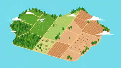 Agricultural Innovation: A drone surveys a vibrant agricultural landscape, showcasing the synergy between technology and nature, with orderly cultivated fields, verdant forests.