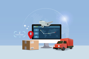 Tracking shipment status show on computer screen with carton box, map pin, delivery truck and airplane. Global logistics distribution, online shipping and delivery service. 3D vector.	