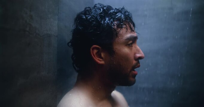 Mental health, frustrated or man in shower with fatigue, anxiety trigger or memory of past trauma. Flashback, grief and male person in house with sadness, stress or exhausted in emotional crisis.