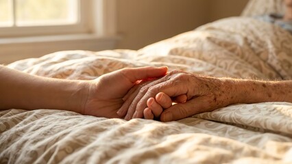 Close-up of young hand holding elderly hand providing support and comfort in hospice care