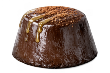 Chocolate lava cake topped with flowing caramel and cocoa powder, a decadent sweet treat. Transparent background