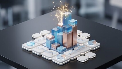 3D Isometric Business Data Visualization with Glowing Charts and Financial Analytics
