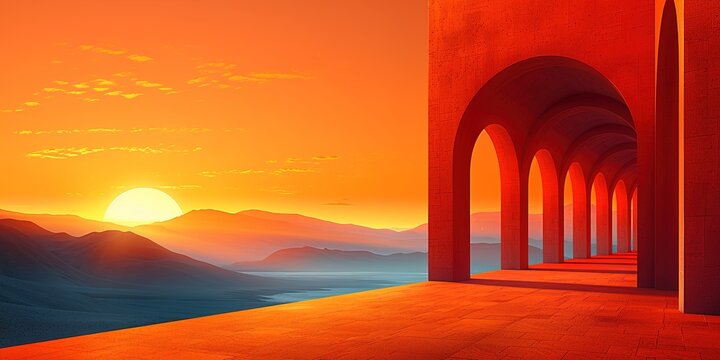 Sunset Through Arched Walkway in Desert Landscape