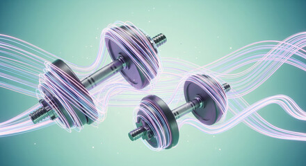 Three dumbbells surrounded by flowing light trails on a light green and blue gradient background