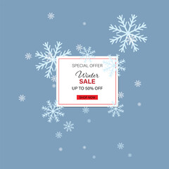 Winter sale promotion card template with snowflakes. Vector illustration.