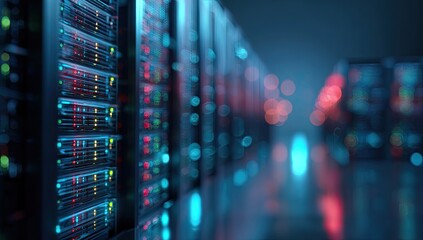 A server room's rows with colorful lights in a hazy, futuristic environment