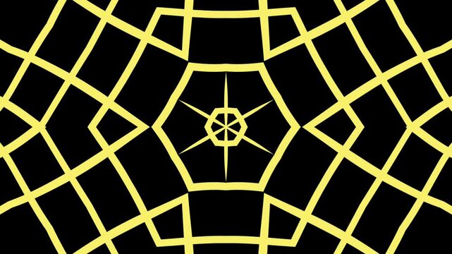 Yellow geometric mandala with interwoven lines and decagon symmetry on black background, evoking energy, precision, and visual depth.