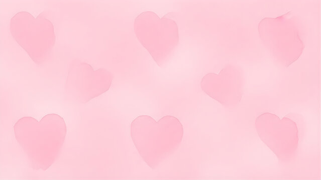 Soft pink watercolor Valentine background with subtle heart shapes blending into the wash, light texture, no hard edges, seamless, ideal for text overlay 