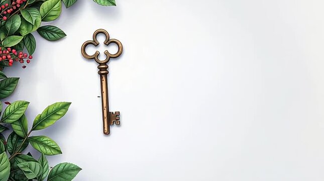 An antique, ornate brass skeleton key rests on a clean white background, bordered by lush green leaves and red berries on the left.