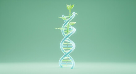 Dna helix with plant growing through it against a light green background in a studio setting