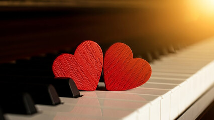 Romantic melody with red hearts on vintage piano keys