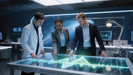 Futuristic lab science signal blending mysterious digital data analysis intrigue imagination as team study hologram tabletop display glowing - Powered by Adobe
