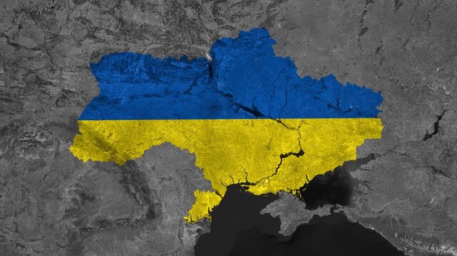 Zoom from Earth to Ukraine. (Country Flag) Documentary dark map animation with highlighted country borders. 3d satellite world map animation highlights aerial views, tourism, and travel. 4k