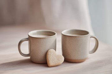 romantic valentine coffee setup with two ceramic mugs and heart cookie on neutral wooden table minimal cozy still life concept of bakery marketing hospitality communication