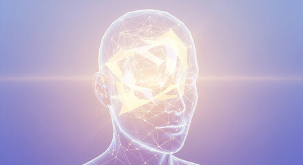 Abstract human head with glowing geometric shapes inside on a light purple and pink gradient background
