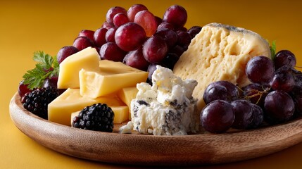 Gourmet cheese platter with red grapes and blackberries on wooden tray.