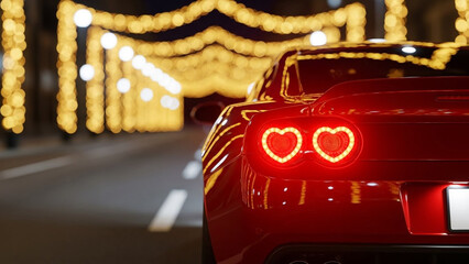 Close up of neon heart car lights under golden city tunnel