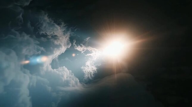 Golden sunbeams burst through dramatic, swirling storm clouds, creating a powerful and hopeful scene of light overcoming darkness in the heavens, symbolizing new beginnings and resilience