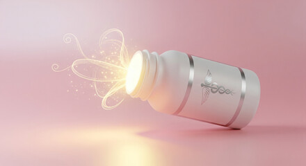 White medicine bottle with caduceus symbol emitting golden light on a soft pink background scene image