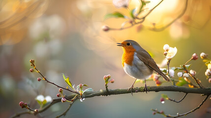 Robin singing at dawn on a branch surrounded by blossoms in sunrise light