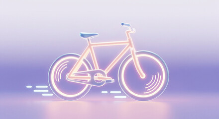 Fototapeta premium Glowing bicycle with neon lights on a gradient purple background in a stylized illustration