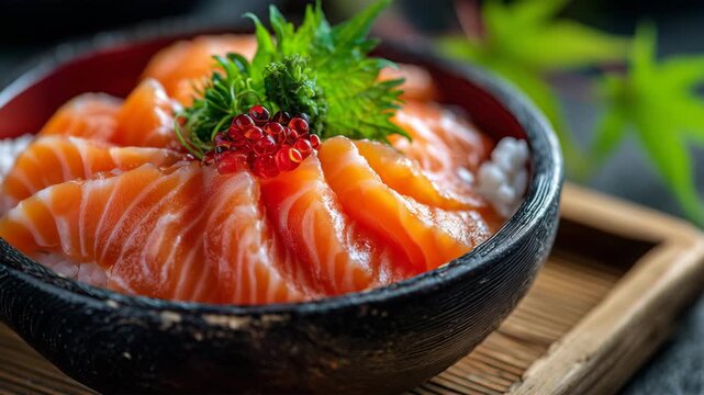 涼やかに盛り付けたサーモン丼のフード写真