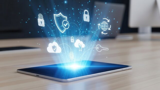 A sleek, modern digital tablet device on a light wooden desktop surface, emitting a vibrant blue glowing holographic interface that dynamically projects numerous cybersecurity, cloud computing, and - Powered by Adobe