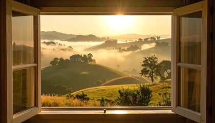 Scenic Sunrise View Through Open Window - A Tranquil Landscape.