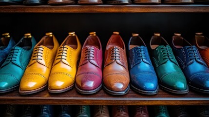 Colorful men's leather shoes on display; retail store background; footwear fashion
