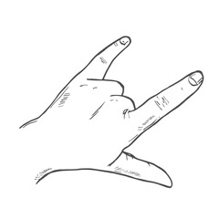 Hand drawn sketch rock and roll heavy metal horns gesture isolated on white background. Vector illustration.