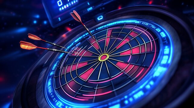 Electronic dartboard illuminated by vibrant neon blue and magenta lights showing three precision darts deeply embedded near the center for a perfect score in a digital game.