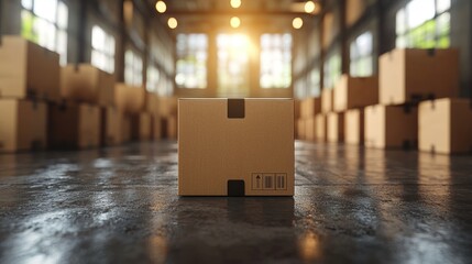 Cardboard box in warehouse; logistics, storage, shipping
